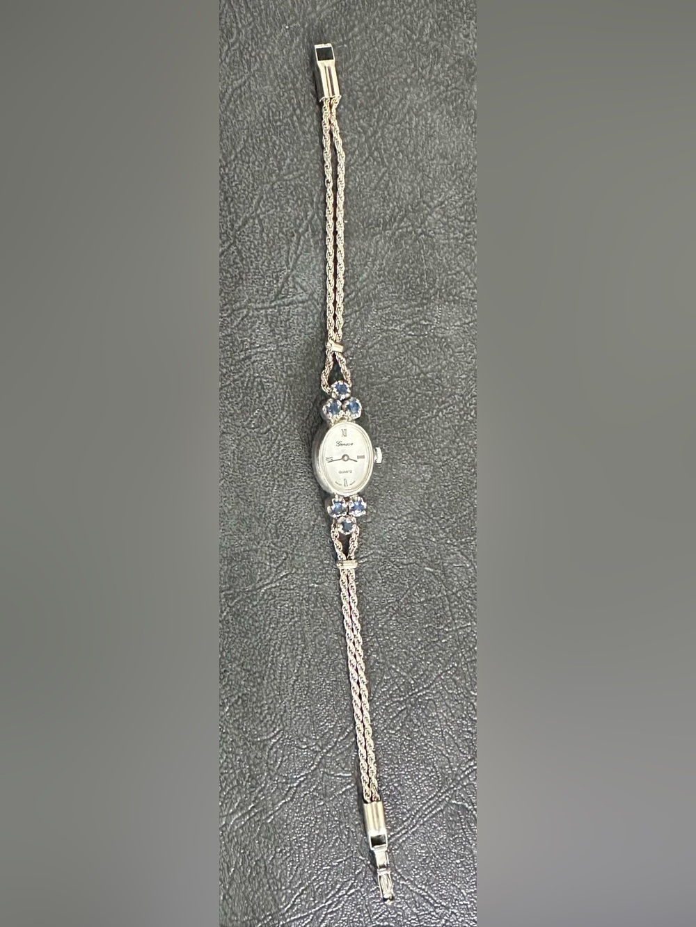 Geneve Vintage Sterling Silver Ladies Bracelet Watch with Blue Stone Accents